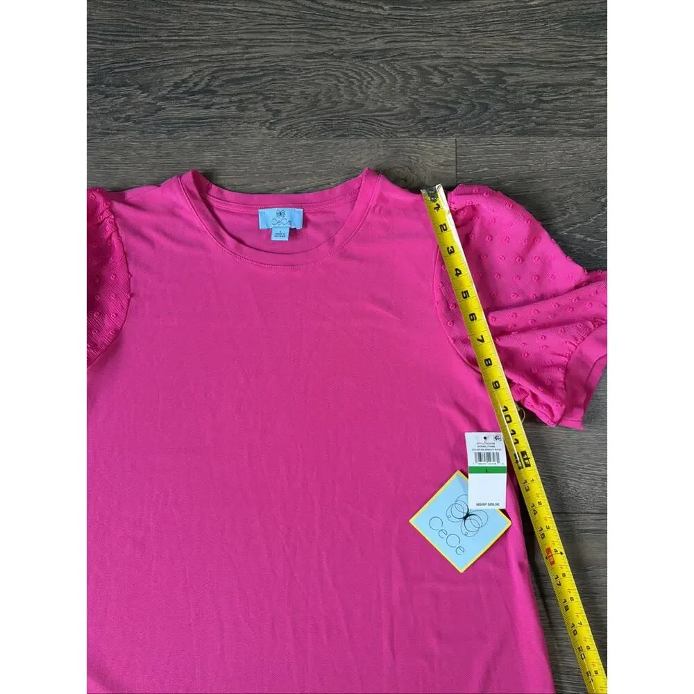 NWT CeCe Pink Dress L Ruffle Puff Sleeve Shift Barbiecore Dopamine Msrp 89.00